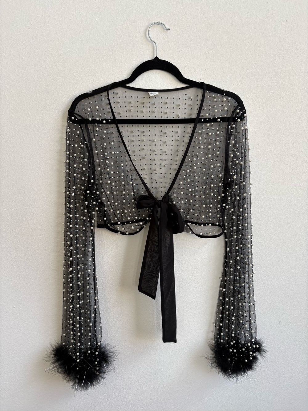 Sheer Black Pearl-Embellished Tie-Front Bolero Top & Skirt